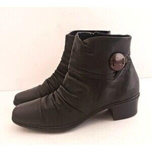 Reiker Blk Leather Ankle Boot Ruched Vamp Square Toe Button Trim Low Heel EU 37